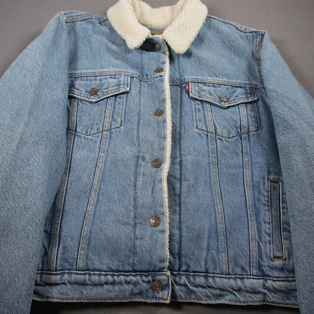 Levi's Sherpa Collar Lined Denim Trucker Women Jacket XL Western Cowgirl Y2K